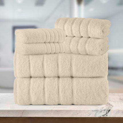 Elegant Comfort 4 Lines Viscose Stripe 6-Piece Premium Towel Set - 100% Turkish Cotton High Absorbent Luxury Bathroom Towels – Includes 2 Washcloths, 2 Hand Towels and 2 Bath Towels Set, Ivory