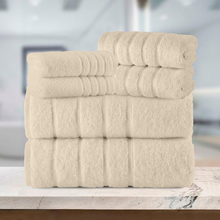 Elegant Comfort 4 Lines Viscose Stripe 6-Piece Premium Towel Set - 100% Turkish Cotton High Absorbent Luxury Bathroom Towels – Includes 2 Washcloths, 2 Hand Towels and 2 Bath Towels Set, Ivory