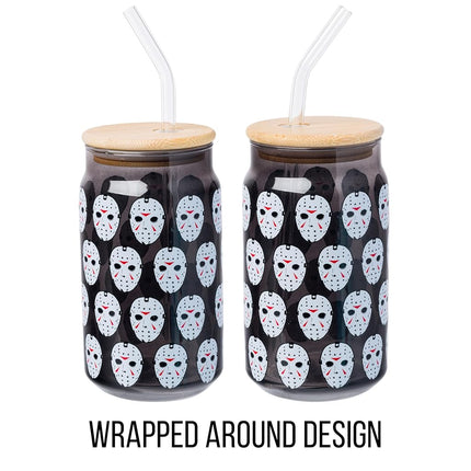 Silver Buffalo Friday the 13th Jason Mask Pattern Black 16oz Glass Tumbler w Bamboo Lid and Glass Straw
