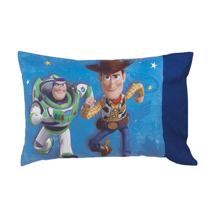 Disney 2 Pack Toddler Fitted Crib Sheet & Standard Size Pillowcase Set, Toy Story 4, Blue, Green, Red, White