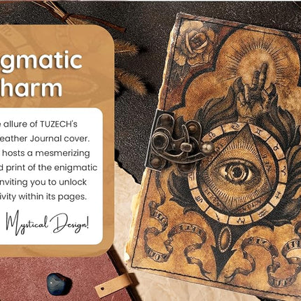 TUZECH Book of Spells Leather Bound Journal Deckle Edge Paper Grimoire Printed Diary Third Eye witchcraft supply and Witch Spell Notebook Antique Vintage Book for Men and Women (The Third Eye)