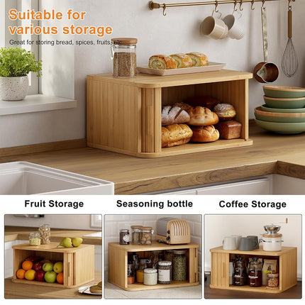 WOWLIVE Bread Box for Kitchen Countertop, Large Roll Top Bread Boxes with Sliding Door, Airtight Bread Storage Container for Loaves, Pastries & Bagels, Bamboo Counter Organizer (Natural, Medium)
