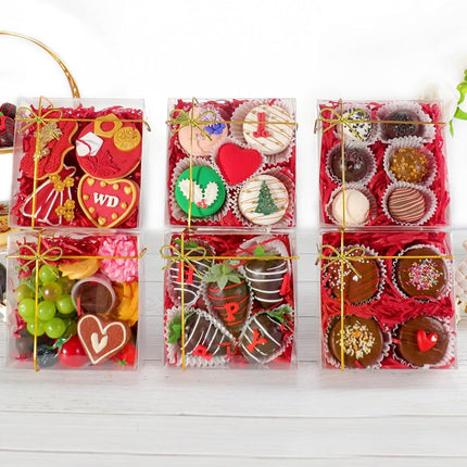 RomanticBaking 50pcs 6x6x2Inches Plastic Clear Babkery Box for Chocolate Truffle,Cookies, Chocolate Strawberries, Cake, Cakesickle Macaron & Treat Box for Christmas Valentine's