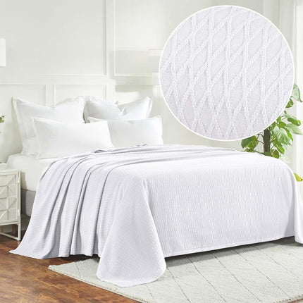 Superior 100% Cotton Thermal Blanket, Soft and Breathable Cotton for All Seasons, Bed Blanket and Oversized Throw Blanket with Luxurious Diamond Weave - Twin Size, White