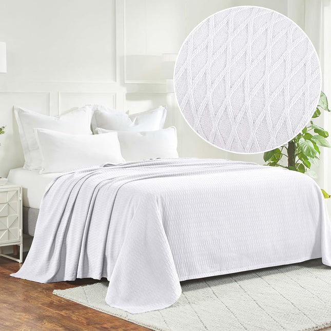 Superior 100% Cotton Thermal Blanket, Soft and Breathable Cotton for All Seasons, Bed Blanket and Oversized Throw Blanket with Luxurious Diamond Weave - Twin Size, White