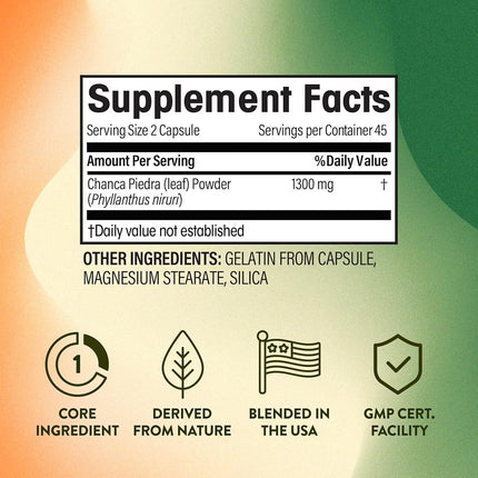 CHANCA Piedra Pure Stone Breaker 1300mg - Kidney, RENAL, Gallbladder Support Phyllanthus niruri - All Natural Herbal Detox Urinary Tract, Removes Impurities - 90 Capsules