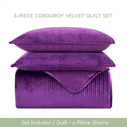 Elegant Comfort Luxury 3-Piece Velvet Corduroy Stripe Quilt Set, Ultra Soft Bedspread - Cozy Velvet Coverlet Set - 3PC Medium Weight Quilted Set with Matching Pillow Shams, Full, Purple