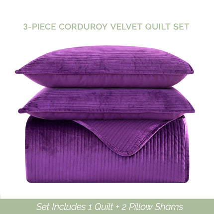Elegant Comfort Luxury 3-Piece Velvet Corduroy Stripe Quilt Set, Ultra Soft Bedspread - Cozy Velvet Coverlet Set - 3PC Medium Weight Quilted Set with Matching Pillow Shams, Full, Purple