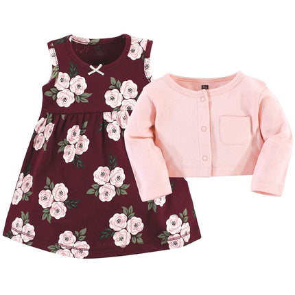 Hudson Baby Baby Girls' Cotton Dress and Cardigan Set, Burgundy Floral, 3T