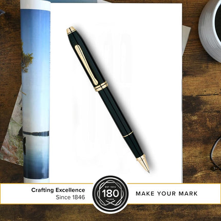 Cross Townsend Refillable Click-Off Cap Lacquer Rollerball Pen with 23 Carat Gold-Plated Appointments, Fine Ballpoint, includes Premium Gift Box and Black Gel Ink Cartridge, 1 Pack, Black