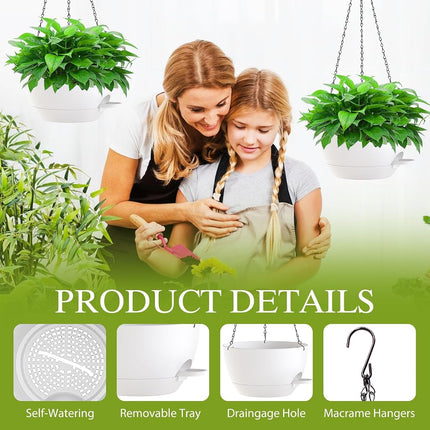 SQKH 10 Inch Hanging Baskets 2 PC with Chains, Self-Watering Hanging Planters for Indoor Outdoor Plants, Plastic Hanging Flower Pots,White