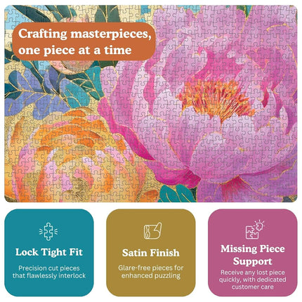 Golden Peony Dreams - Beautiful 1000-Piece Jigsaw Puzzle for Adults | Vibrant Mosaic-Inspired Artwork with Gold Leaf Details | Premium Quality & Eco-Friendly | Cross & Glory Masterpiece Collection