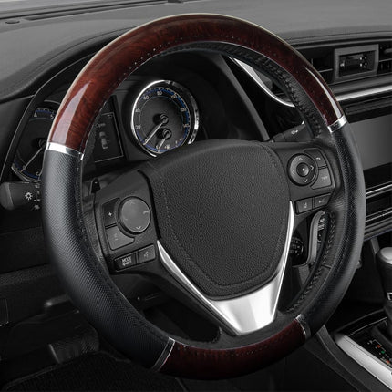 Housse de volant de voiture BDK motif grain de bois foncé, standard 15 pouces avec poignée en similicuir noir, conçue pour la plupart des voitures, camions, camionnettes et VUS