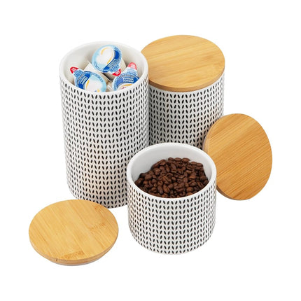Mind Reader 3-Piece Canister Set, Sugar Container, Coffee Storage, Lids, Kitchen, Ceramic, 10Lx10Wx17.8Hcm, Black and White