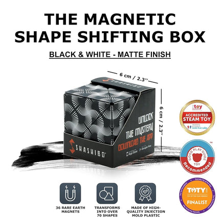 SHASHIBO Shape Shifting Box - Award-Winning, Patented Fidget Cube w/ 36 Rare Earth Magnets - Transforms Into Over 100 Shapes, Download Fun in Motion Toys Mobile App (Original Series - Black & White)