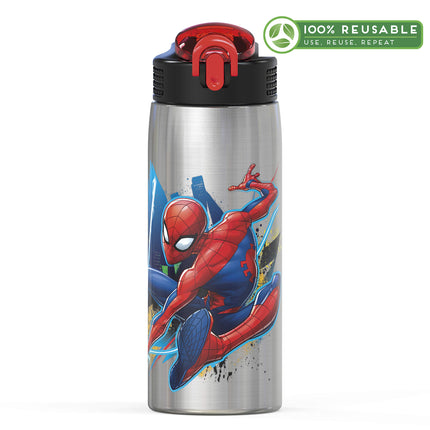 Zak Designs 27oz Marvel 18/8 Single Wall Stainless Steel Water Bottle with Flip-up Straw Spout and Locking Spout Cover, Durable Cup for Sports or Travel (27oz, Spider-Man)