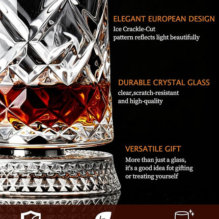 CEEFU Old Fashioned Whiskey Glasses with 360° Rotating Base, Set of 2 (2 Crystal Glasses Set, 2 Big Ice Ball Molds) In Gift Box - Bourbon, Cocktail, Rocks, Bday Gifts Ideas for Men, Ice Crackle