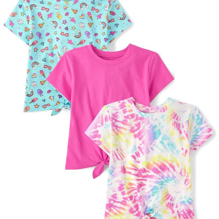 Short Sleeve Tie Front Top, Tie Dye/Icons/Pink 3-Pack, X-Small