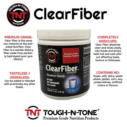TOUGH-N-TONE ClearFiber™ Powder. A Soluble Dietary Fiber Using SunFiber® derived from Partially hydrolyzed guar Gum (PHGG). Tasteless, odorless, dissolves Completely, and Doesn't Thicken.