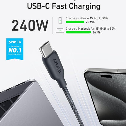 Anker 543 USB C to USB C Cable (240W, 10ft), USB 2.0 Bio-Nylon Charging Cable for MacBook Pro, iPhone 17/16/15, iPad Pro, Samsung Galaxy,and More(Phantom Black)