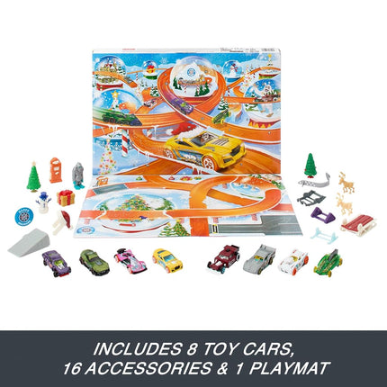 Hot Wheels Toy Cars, Advent Calendar 2024, 8 Hot Wheels Cars in Scale 1:64, Behind 24 Numbered Doors Hide 16 Winter Accessories and a Play Mat, HTG00
