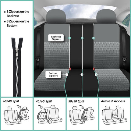 FH GROUP FH-FB060217 Three Row Trendy Elegance Car Seat Covers w. 7 Headrests, Airbag compatible and Split Bench, Gray/Black color- Fit Most Car, Truck, Suv, or Van