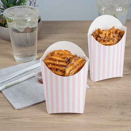 Bio Tek 4.7 x 3.5 x 5.1 Inch French Fry Cup, 100 Disposable Snack Cups - Stackable, Sustainable, Pink and White Paper 4 Ounce Fry Holder, for Fries, Onion Rings, Popcorn, or Cookies - Restaurantware