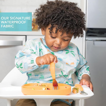 Bumkins Sleeved Bib, Handy Tie Closure for Custom Fit, Catch-All Pocket, Baby-Led Weaning, Waterproof, Machine Washable, Stain & Odour Resistant, BPA Free, 6-24 Months, Dinosaur Design