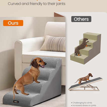 Feandrea Dog Stairs, 4 Steps, Pet Stairs, for Small Dogs, Bed, Sofa, Waterproof Cat Stairs, Non-Slip, Gringe Tilt, Removable Washable Cover, Handle, Dove Grey PPS004G01
