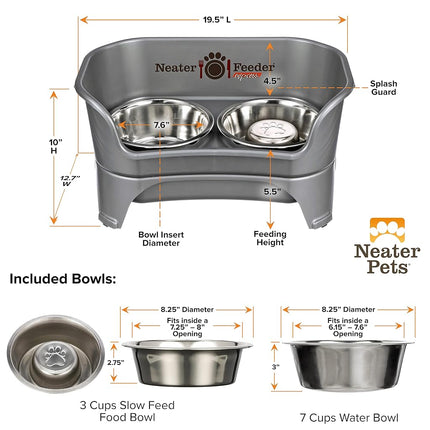 Neater Feeder - Express Model w/Slow Feed Bowl - Mess-Proof Dog Bowls (M/L, Grey) Made in USA � Elevated, No Spill, Non-Tip, Non-Slip, Raised Stainless Steel Food/Water Pet Bowls Aid Digestion