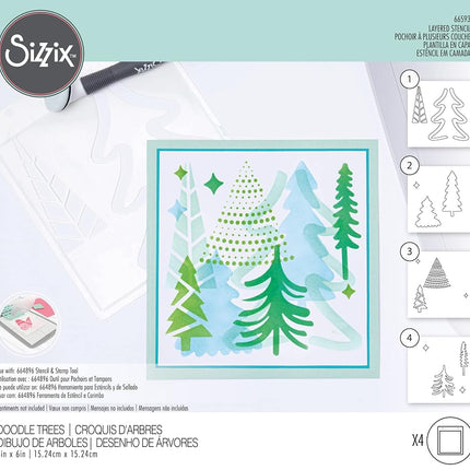 Sizzix Layered Stencils 4PK Doodle Trees by Olivia Rose, One Size