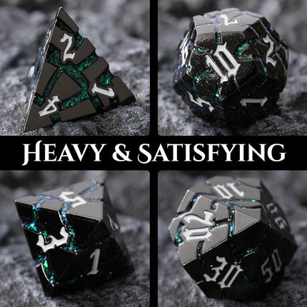 Metal Dice for DND - Ancient Cracked - Black Green Glitter Cracks