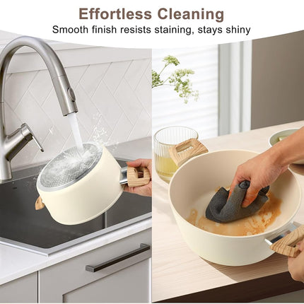 FAB&DELUXE Nonstick Cookware Set,11 Pcs Nonstick Pots and Pans, Aluminum Cooking Set with Lids & Wooden Handles, Non-Toxic Healthy Kitchen Cookware Sets, Silicone Spoons & Spatulas, PFAS & PFOA Free