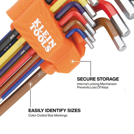 Klein Tools 80205 SAE and Metric Allen Key Set, 20-Piece with T-Shaped Adapter, Colour Coded, Long Allen Key with Adapter with T-Handle for More
