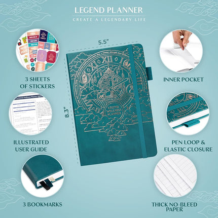 Legend Wellness Planner & Food Journal – Daily Diet & Health Journal with Weight Loss, Measurement & Exercise Trackers – Lifestyle & Nutrition Diary – Lasts 6 Months, A5 size – Dark Teal