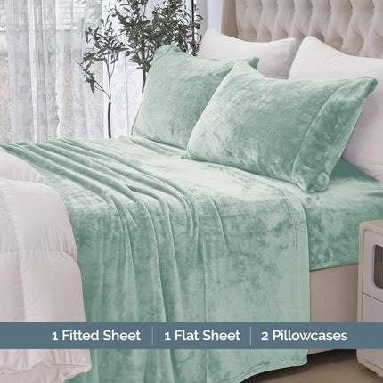 Elegant Comfort Luxuriously Soft 4-Piece Velvet Plush Flannel Sheet Set - Premium Quality - Cozy Warm, Anti-Static, Non Pilling Fuzzy Velvet Flannel Fleece Deep Pocket Sheet Set - Full, Mint Green