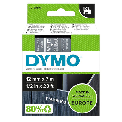 DYMO Authentic D1 Labels | White Print on Clear Ta