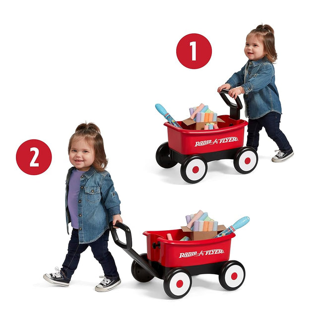 Radio Flyer Push & Pull Walker Wagon with Bubbles and Chalk, Red 2-in-1 Toy Walker Wagon for Toddlers,Wagon for 1-4 Years Old, Bubbles for 3+ Years Old