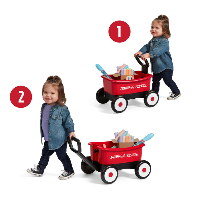 Radio Flyer Push & Pull Walker Wagon with Bubbles and Chalk, Red 2-in-1 Toy Walker Wagon for Toddlers,Wagon for 1-4 Years Old, Bubbles for 3+ Years Old