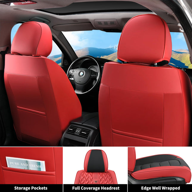 FLORICH Fundas de Asiento de Cuero, 2 Piezas Delanteras, Impermeables, Ajuste Universal para la Mayoría de Camionetas SUV (Rojo y Negro)