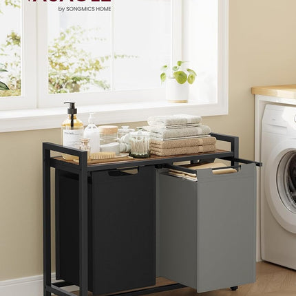 VASAGLE Laundry Hamper, Laundry Basket, Laundry Sorter with 2 Pull-Out and Removable Bags, Shelf, Metal Frame, 2 x 12.1 Gallons (46 L), 28.8 x 13 x 28.4 Inches, Bicolor and Rustic Brown UBLH201X01