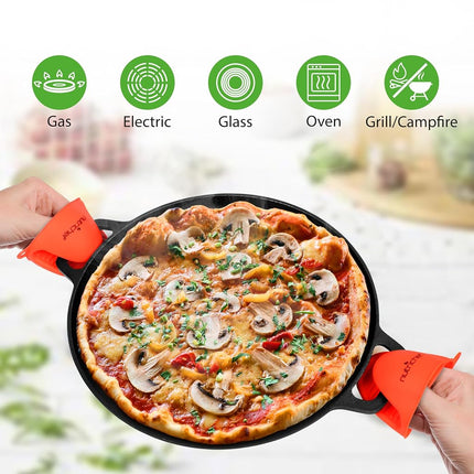 Nutrichef 13-Inch Flat Cast Iron Pizza Pan - Versatile Pre-Seasoned Round Cooking Griddle w/Built-in Handles for Oven, Grill, Stove, and Campfires - Includes 2 Heat Safe Silicone Grips
