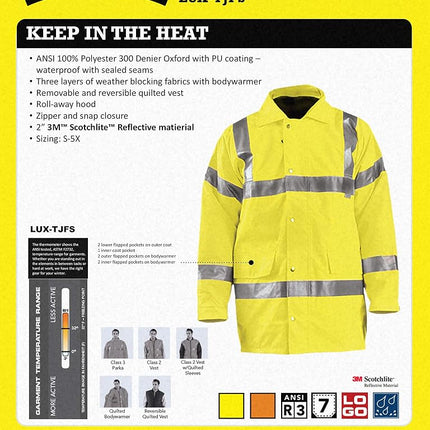 OccuNomix LUX-TJFS-YL Premium Five-Way (5-in-1) Parka Jacket, Class 3, 100% ANSI Polyester, Yellow, Large