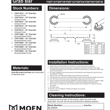 Moen YG0742BL Barra de apoyo moderna de acero inoxidable de 42 pulgadas para seguridad en el baño