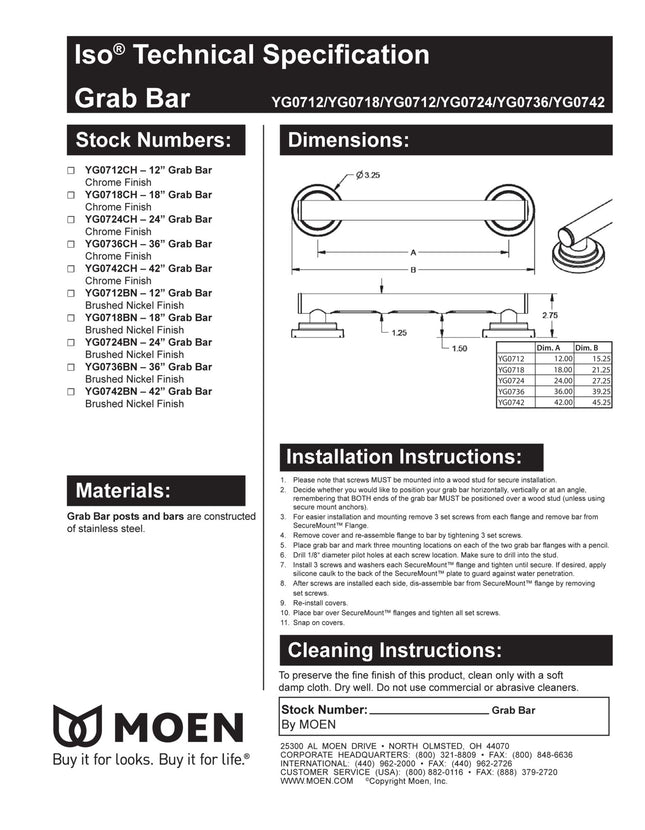 Moen YG0742BL Barra de apoyo moderna de acero inoxidable de 42 pulgadas para seguridad en el baño