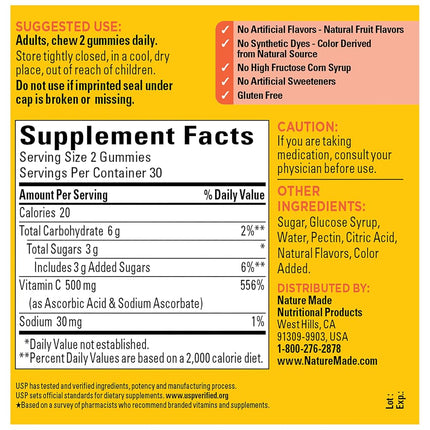 Nature Made Extra Strength Vitamin C Gummies 500mg, for Immune Support, Antioxidant Support, Tangerine, 60 Count
