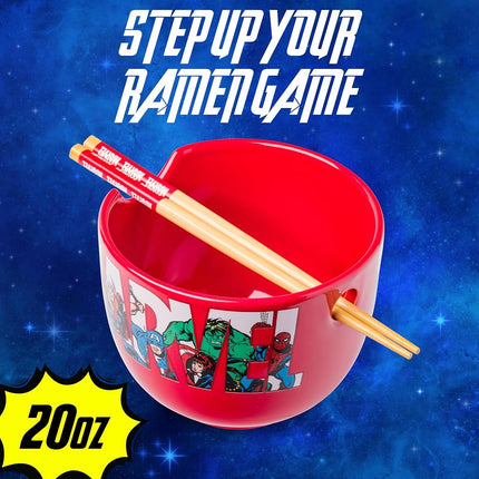Silver Buffalo Marvel Comics Retro Characters in Logo Boxed Ceramic Ramen Bowl with Chopsticks, 20 Ounces