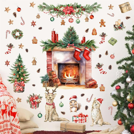 Christmas Wall Decals Merry Christmas Wall Stickers Fireplace Stickers Christmas Pine Tree Decals for Wall Removable Winter Animals Wall Art Decals for Christmas Party Supplies Living Room Home Decor