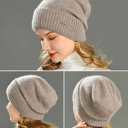 jaxmonoy Bonnets slouchy en cachemire pour femmes, hiver léger, bonnet tricoté en laine pour filles, bonnet slouch doux et chaud avec revers, marron, M