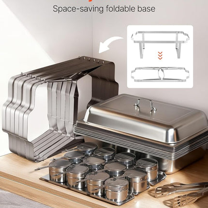 VEVOR Rectangle Chafing Dish, 9 Qt 6 Pack Stainless Steel Chafing Dish, Food Warmer Chafer Complete Set with Hollow Handle, 3 Food Tongs, Lid, Fuel Holder, Chafer Dishes for Banquet Party Wedding
